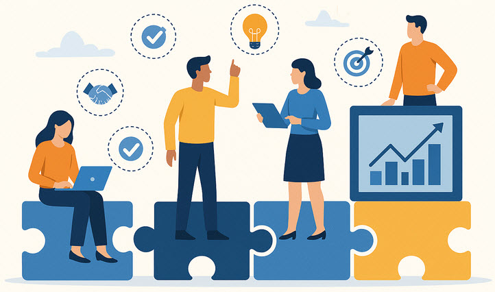 Ilustración de equipo de trabajo aplicando competencias clave como colaboración y resolución de problemas para el éxito empresarial.